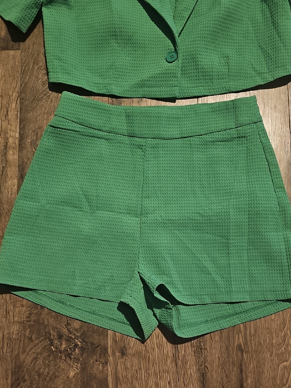 Green Shirt Short Set Salanta Waffle Textured Small Size 4 Summer Romper - Picture 5 of 8